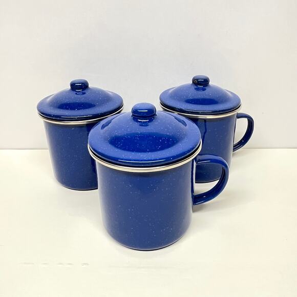 Camping Cup and Lid Set Speckled Blue Enamel on Steel - Picture 1 of 9